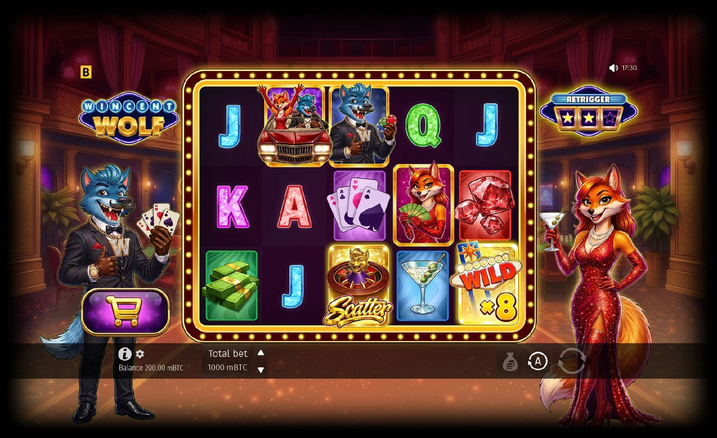 The Wincent Wolf Free Spins round: a multiplier Wild on the reels and the three-star RETRIGGER panel at the top right of the grid, two stars filled